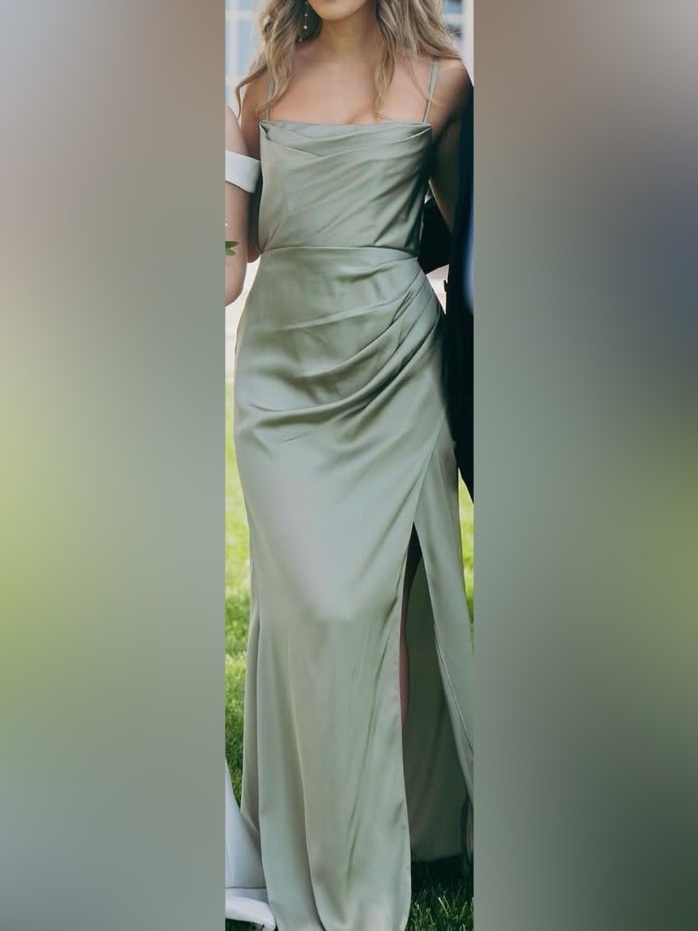 Azazie Strapless Satin Gown in Sage Green